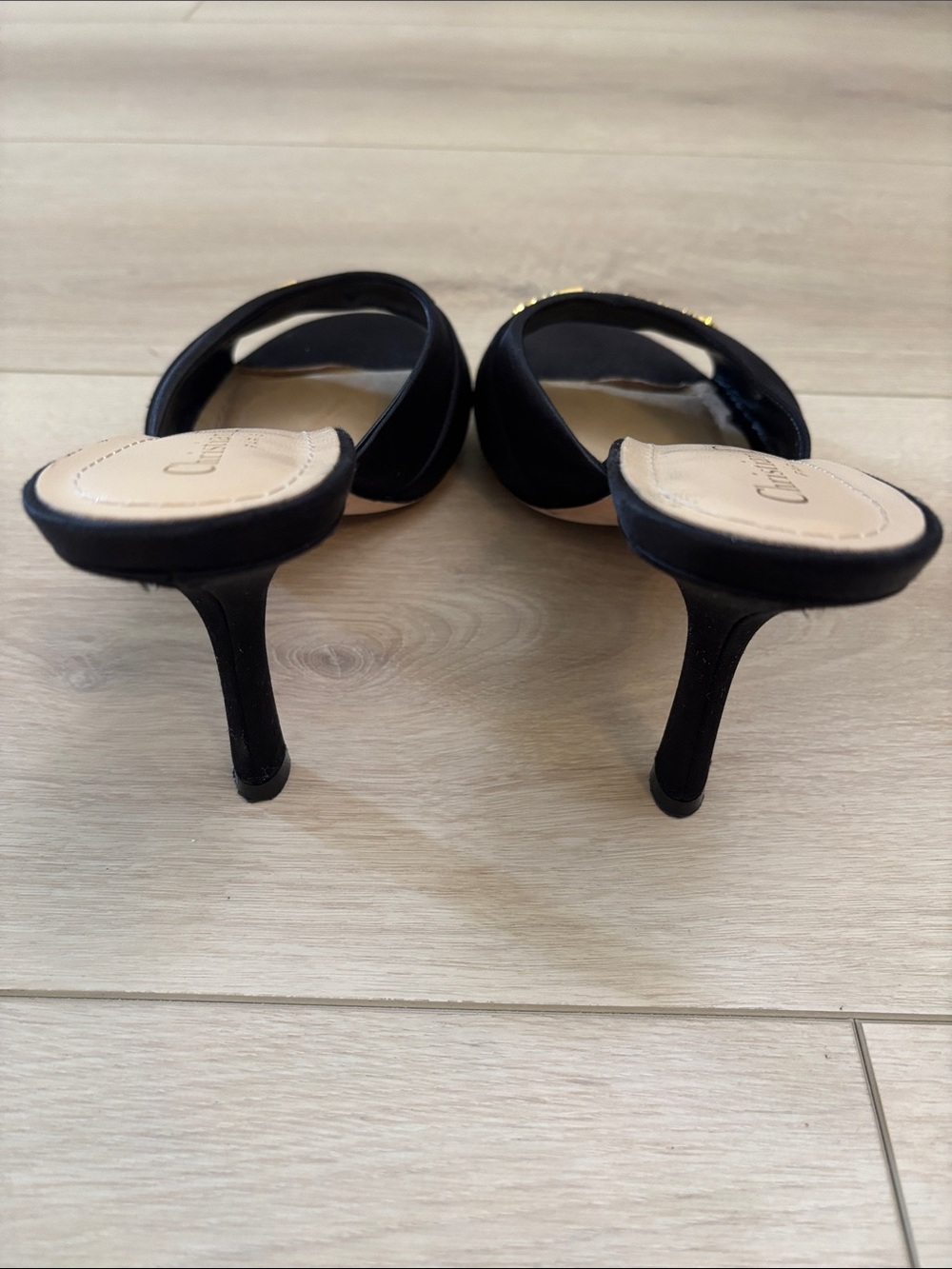 Christian Dior My Dior Heeled Slide Satin Sandals with Gold Logo - Picture 6 of 6